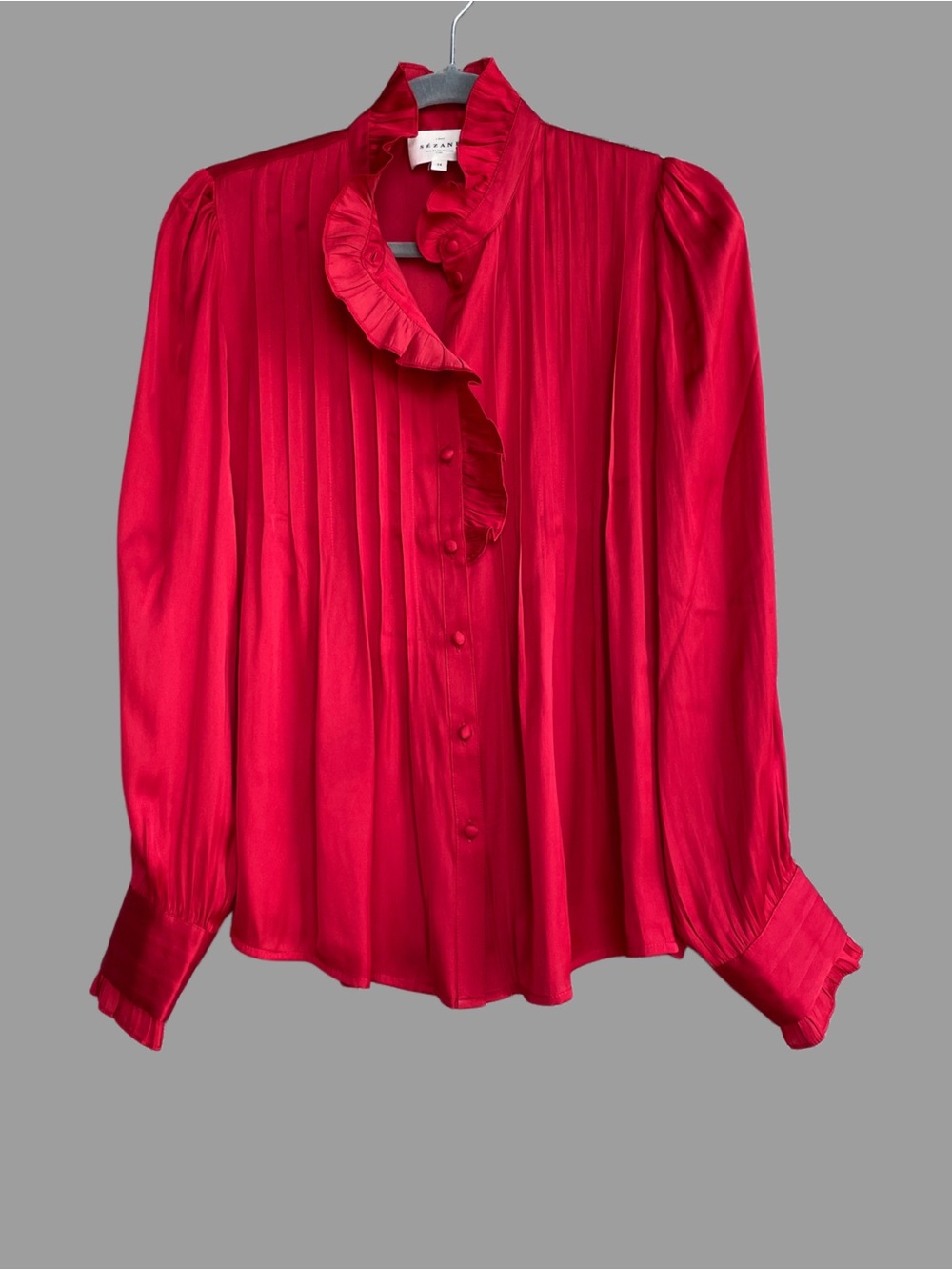 SEZANE Rich Red Satin Pleated Ruffle Collar Button Down Shirt Johana Blouse